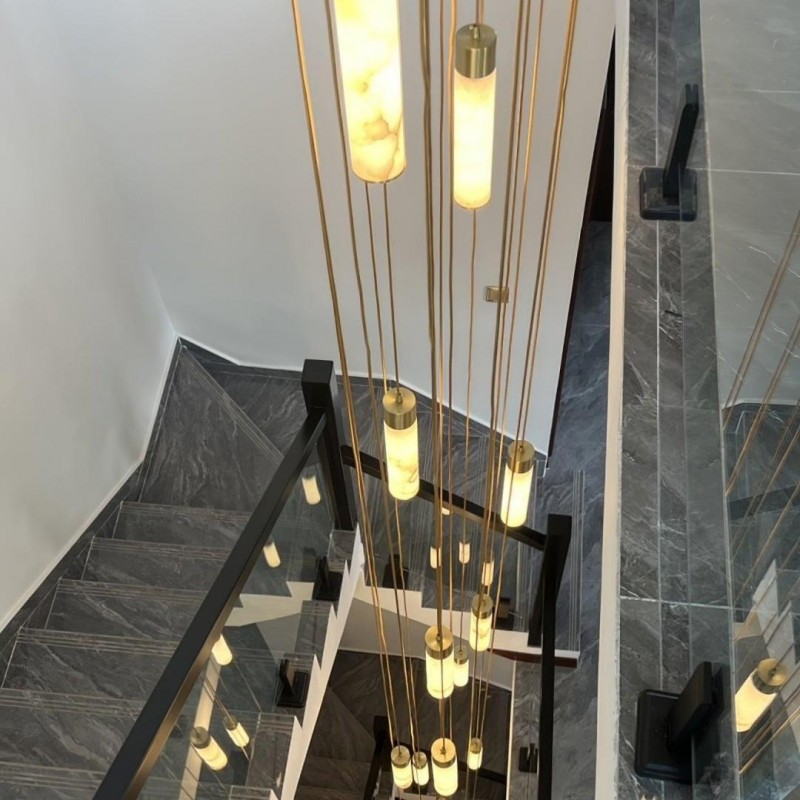 Odalys Luxurious Cylindrical Alabaster Brass Pendant Light