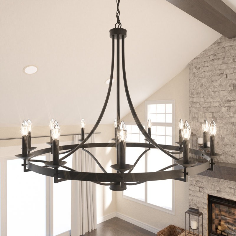 Adele Farmhouse Black Metal Wagon Wheel Chandelier