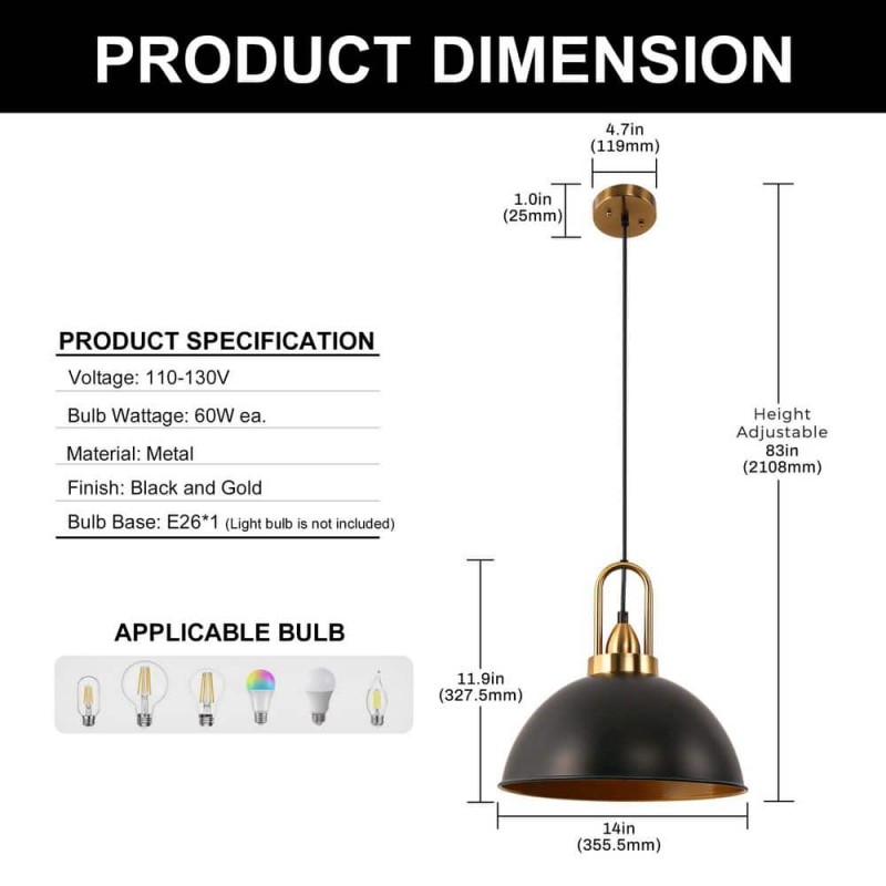 Gleamix Industrial Black Metal Dome Pendant Light