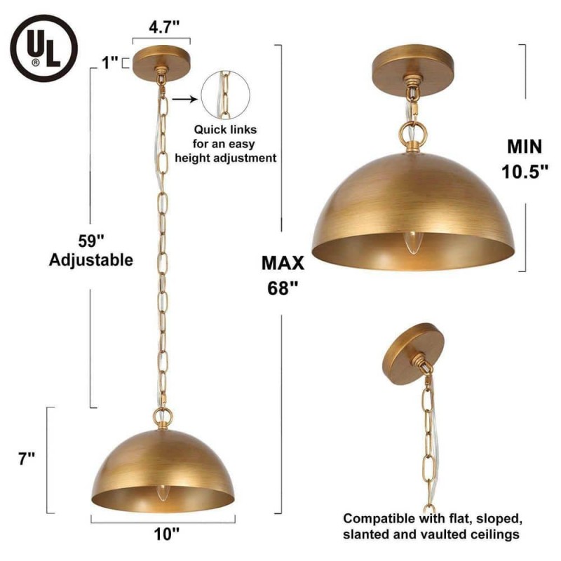Meadow Farmhouse Brushed Gold Metal Dome Pendant Light