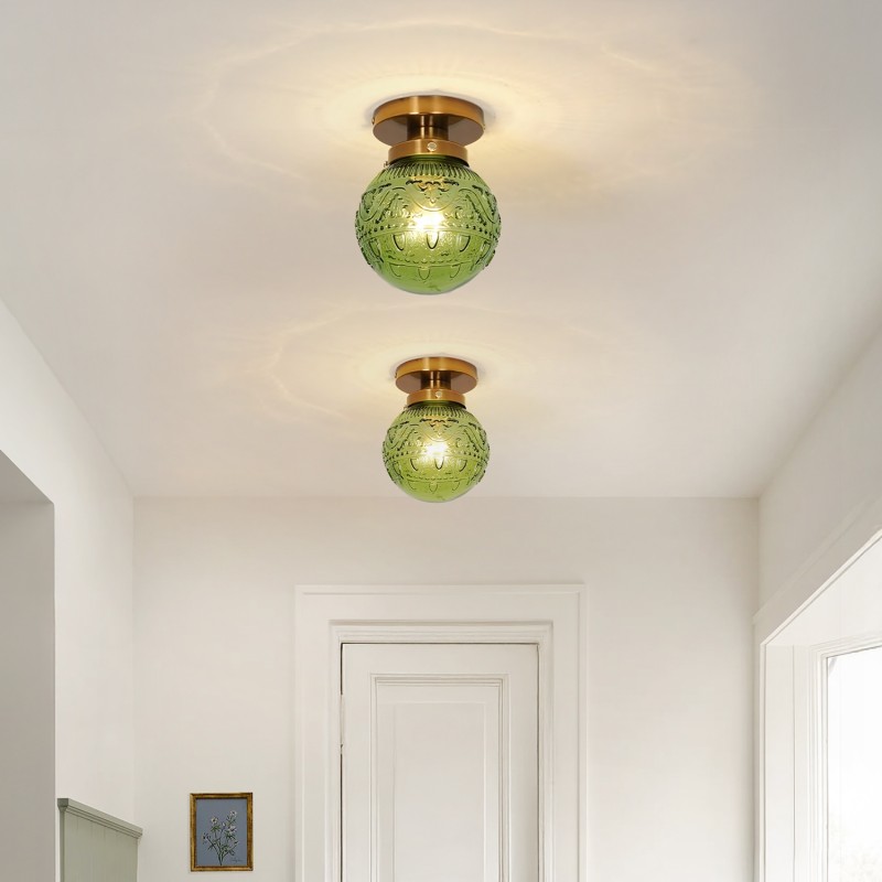 Ixionis Vintage Engraved Pattern Globe Glass Flush Mount Ceiling Light