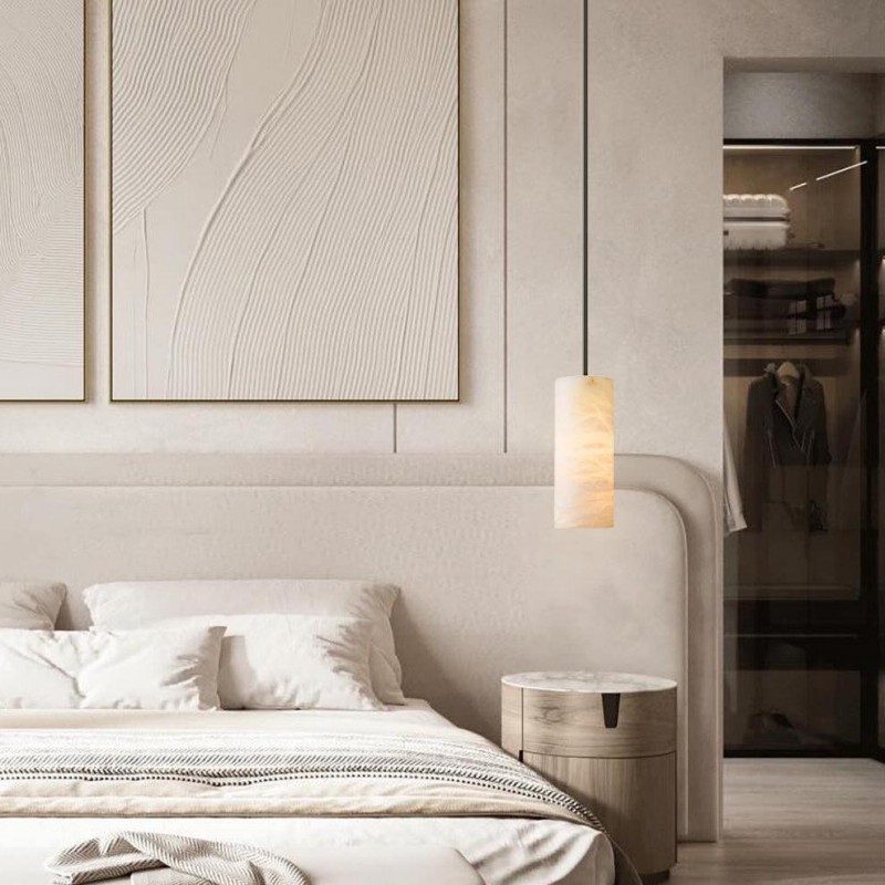 Modern Hand Carved Alabaster Cylinder Pendant Light