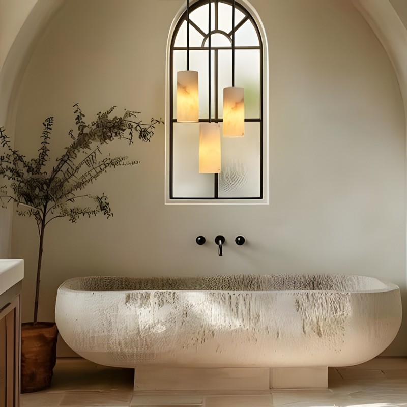 Modern Hand Carved Alabaster Cylinder Pendant Light