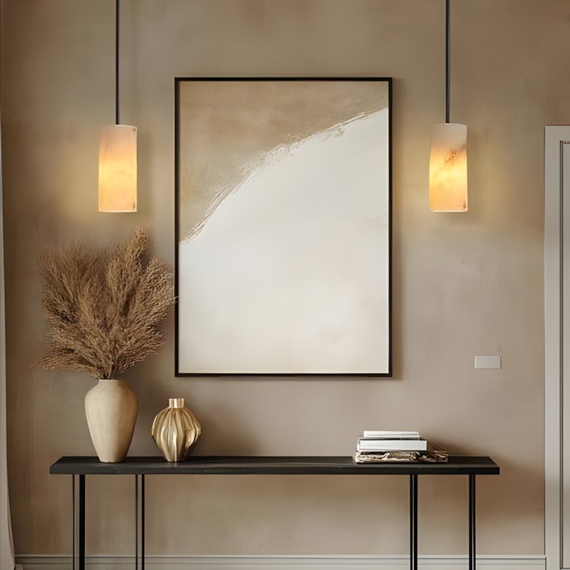 Modern Hand Carved Alabaster Cylinder Pendant Light