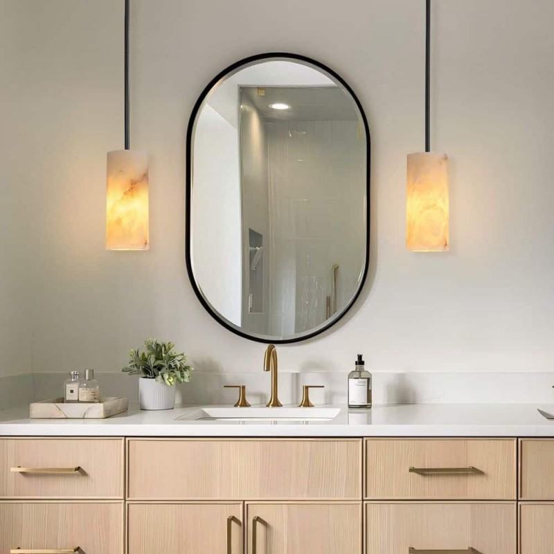 Modern Hand Carved Alabaster Cylinder Pendant Light