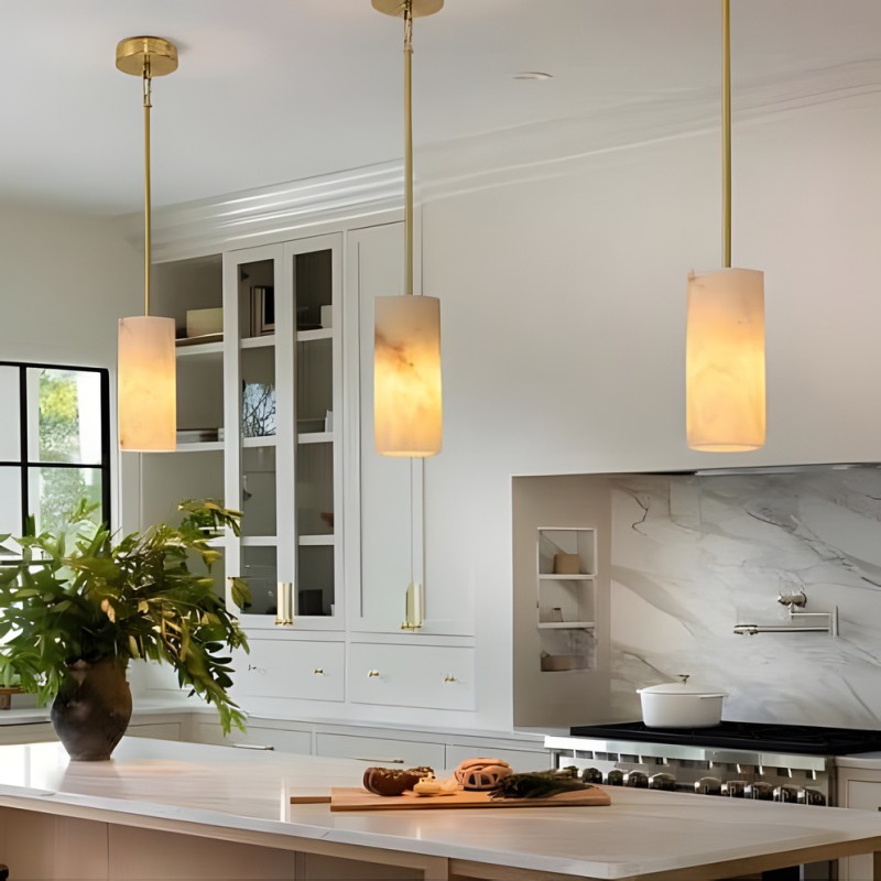Modern Hand Carved Alabaster Cylinder Pendant Light