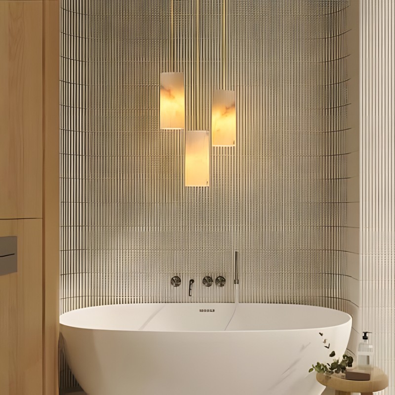 Modern Hand Carved Alabaster Cylinder Pendant Light