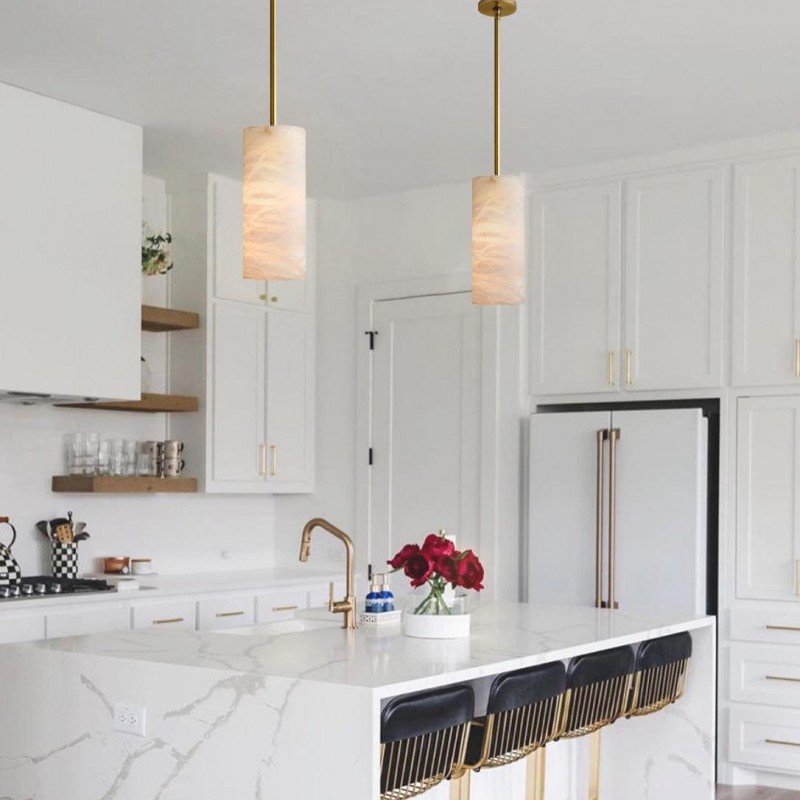 Modern Hand Carved Alabaster Cylinder Pendant Light