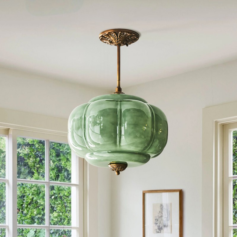 Elegant Eloise Scallop Milk Glass Semi-Flush Mount Ceiling Light - Vintage Brass Frame and Pumpkin Shape