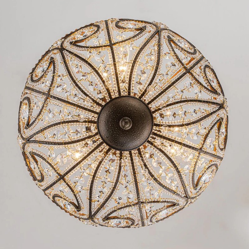 Ive Vintage Bronze Bowl 3-Light Crystal Semi Flush Ceiling Light
