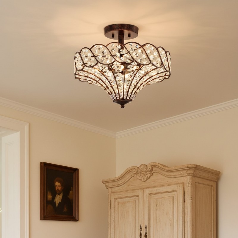 Kim Rustic Bronze 4-Light Crystal Semi-Flush Mount Ceiling Light
