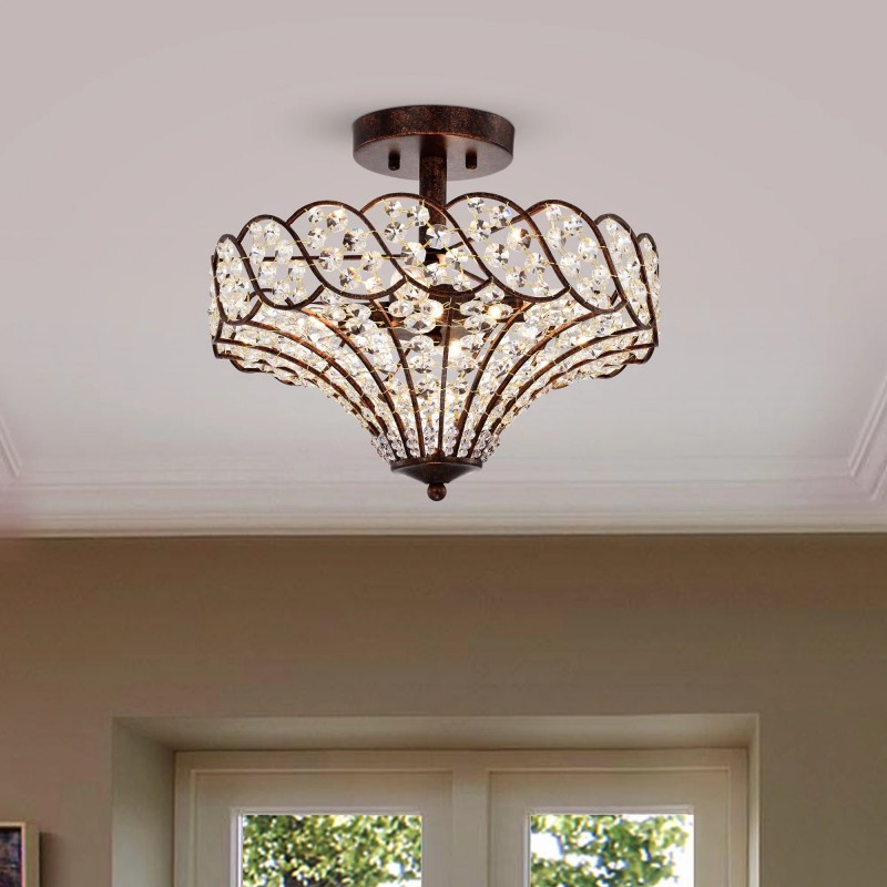 Kim Rustic Bronze 4-Light Crystal Semi-Flush Mount Ceiling Light