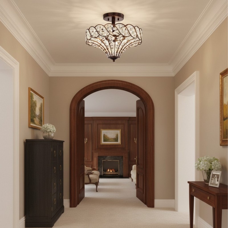 Kim Rustic Bronze 4-Light Crystal Semi-Flush Mount Ceiling Light