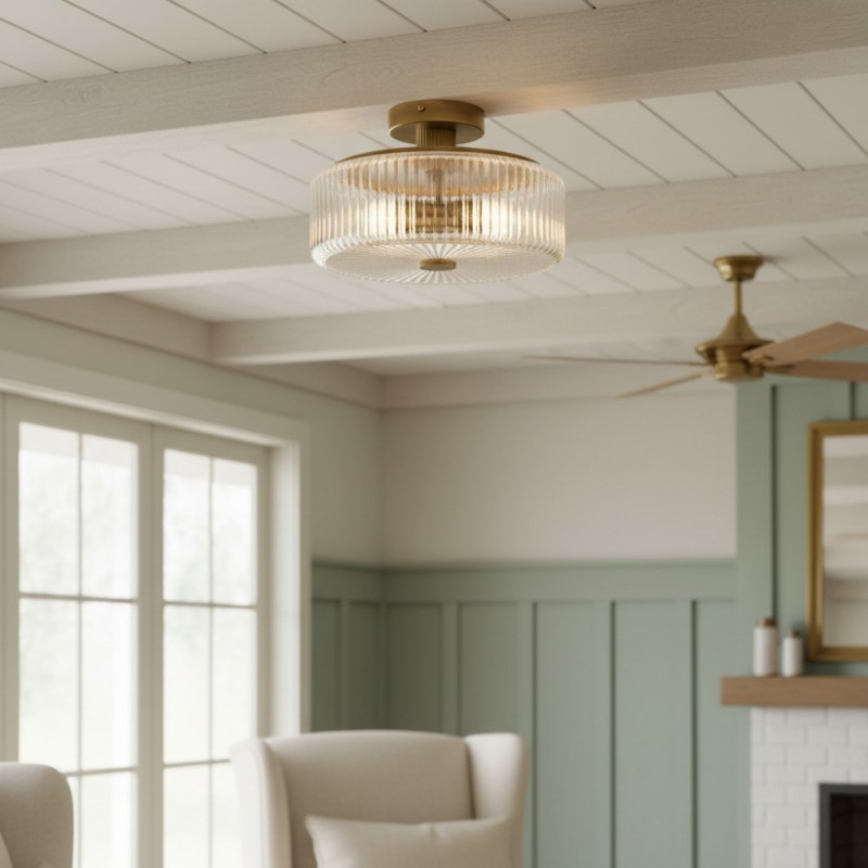 Willa Rustic Round Ribbed Glass Ceiling Light