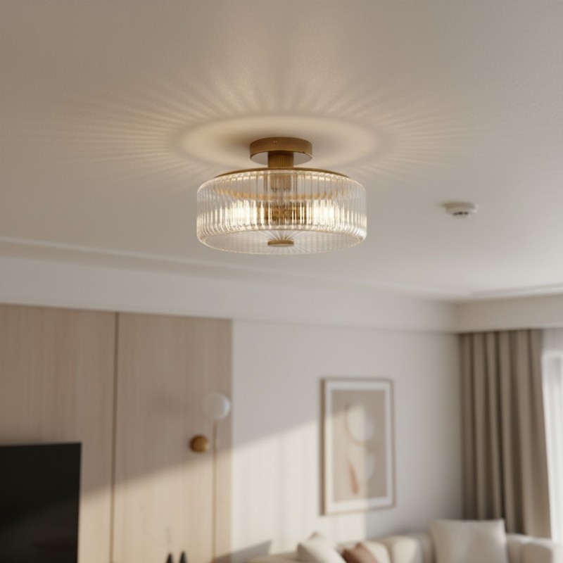 Willa Rustic Round Ribbed Glass Ceiling Light