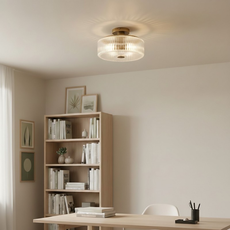 Willa Rustic Round Ribbed Glass Ceiling Light