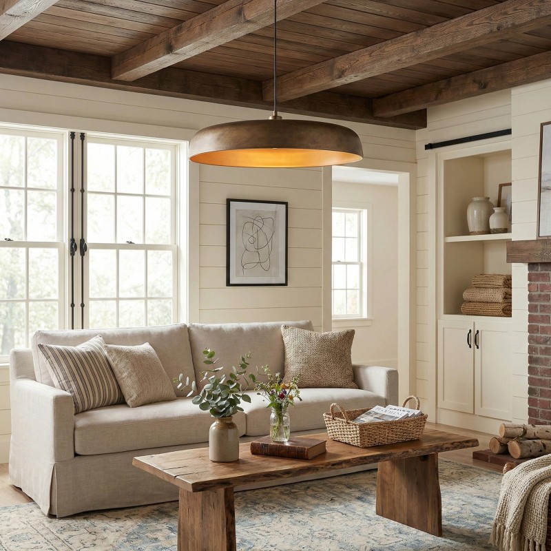 Aeloria Rustic Farmhouse Antique Brass Saucer Pendant Light