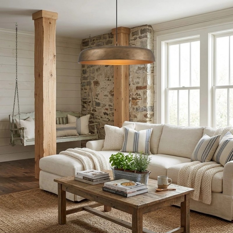 Aeloria Rustic Farmhouse Antique Brass Saucer Pendant Light