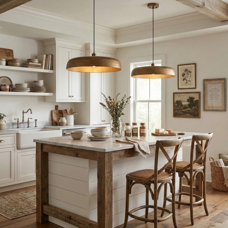 Aeloria Rustic Farmhouse Antique Brass Saucer Pendant Light