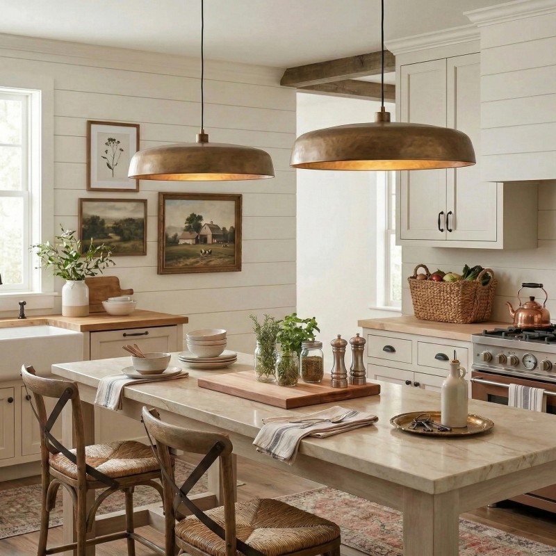 Aeloria Rustic Farmhouse Antique Brass Saucer Pendant Light