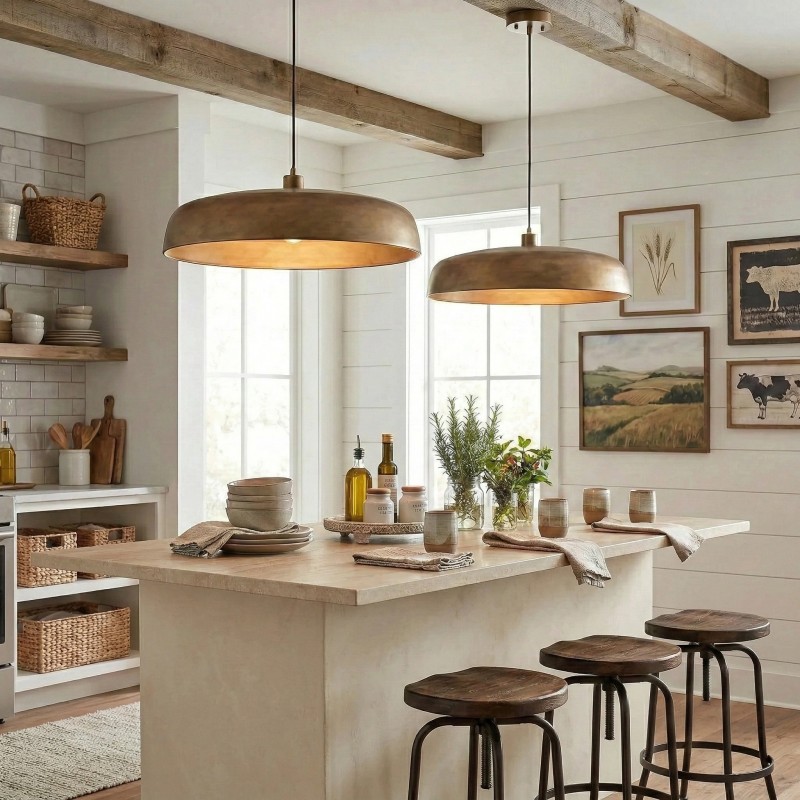 Aeloria Rustic Farmhouse Antique Brass Saucer Pendant Light