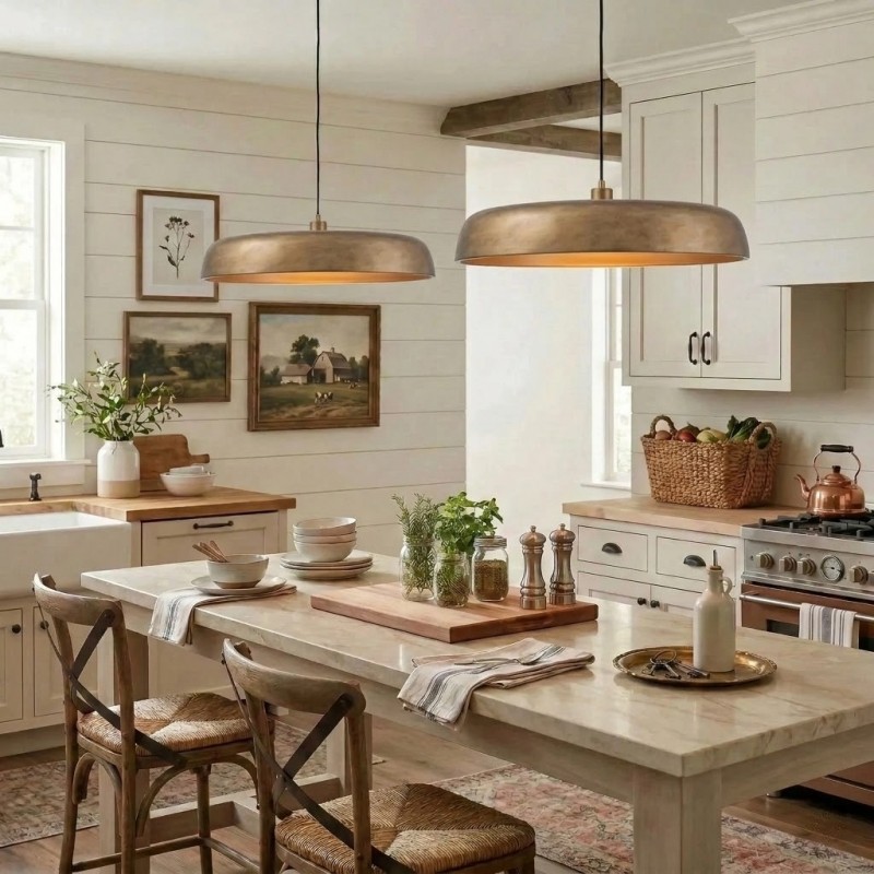 Aeloria Rustic Farmhouse Antique Brass Saucer Pendant Light