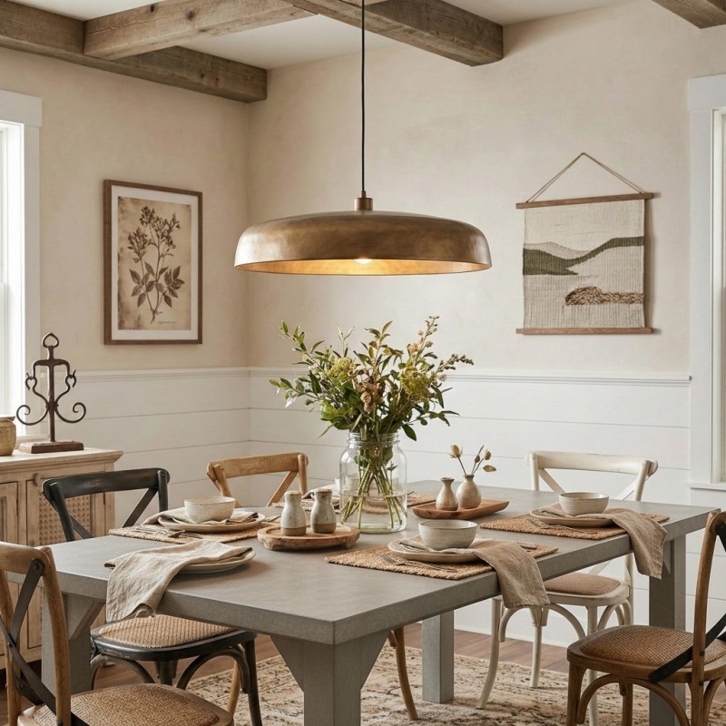 Aeloria Rustic Farmhouse Antique Brass Saucer Pendant Light