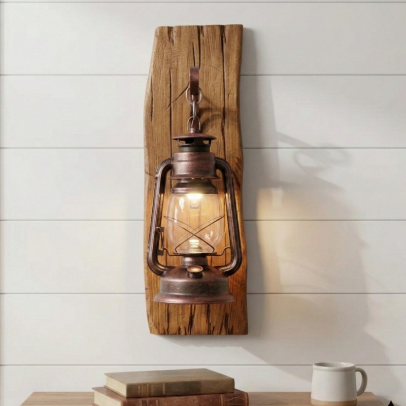 Vaelora Vintage Kerosene Wood Backplate Metal Wall Sconce