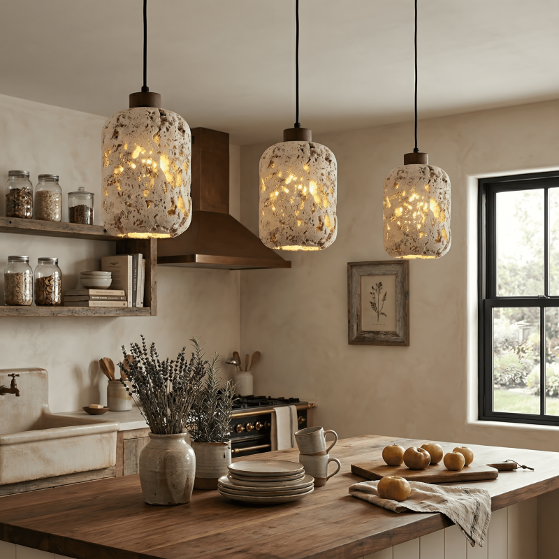 Kianu Wabi-Sabi Travertine Barrel Pendant Light