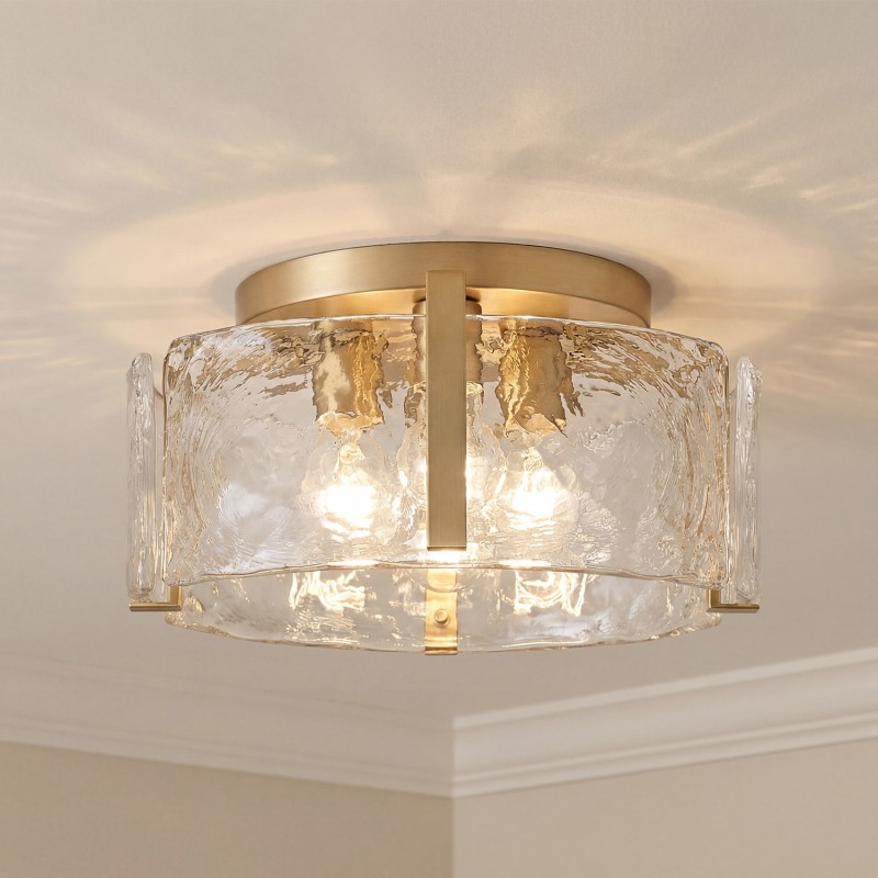 Ozu Modern Water Ripple Glass Drum Flush Mount Light