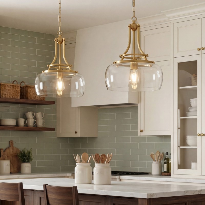 Thalys Brushed Gold Clear Glass Shade Charleston Pendant Light