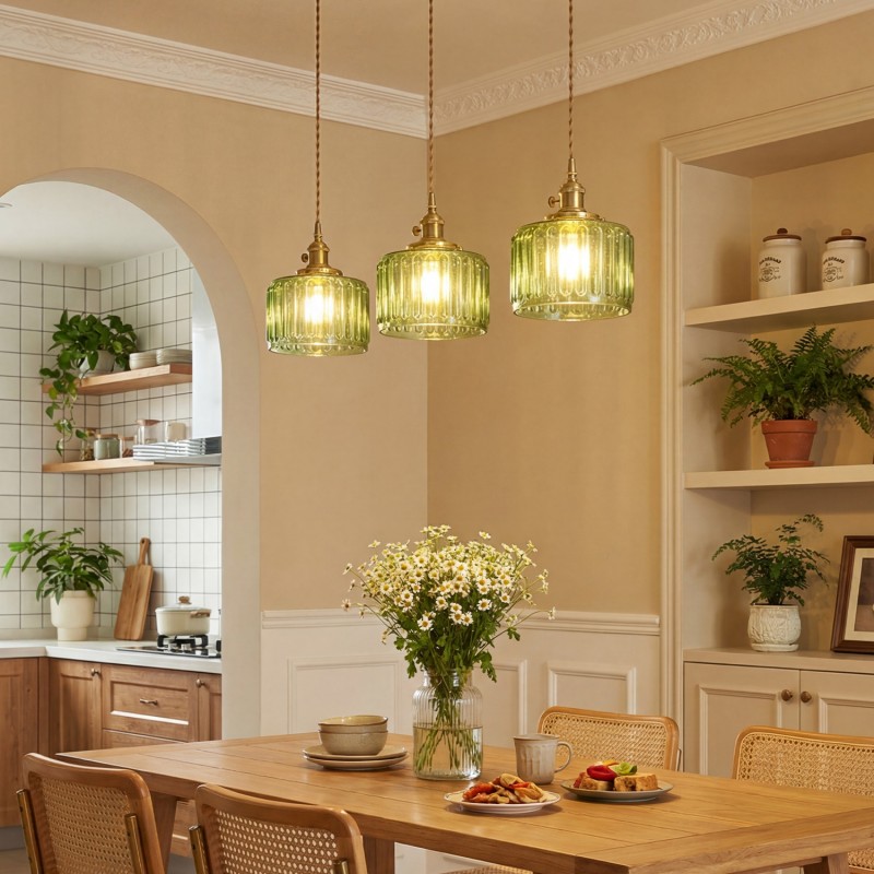 Zavier Vintage Cylinder Wave Pattern Glass Shade Pendant Chandelier