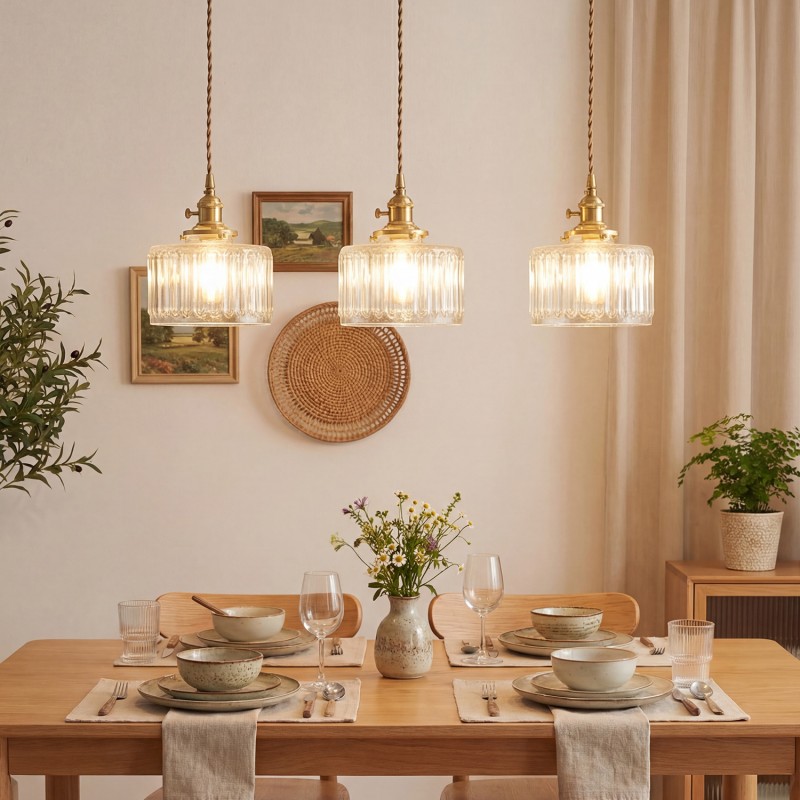 Zavier Vintage Cylinder Wave Pattern Glass Shade Pendant Chandelier