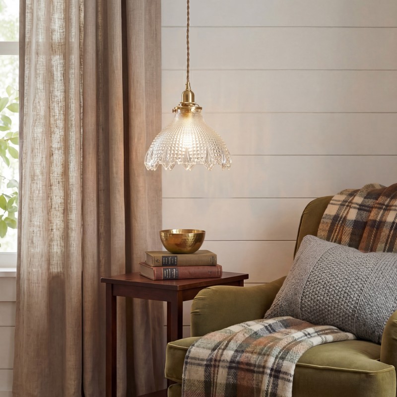 Gyran Retro Brass Lace Glass Pendant Light