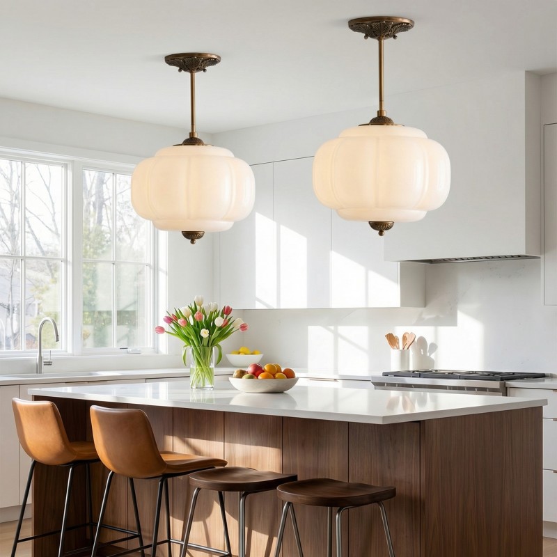 Vortan Antique Brass Green Glass Semi-Flush Mount Eloise Pendant Lamp