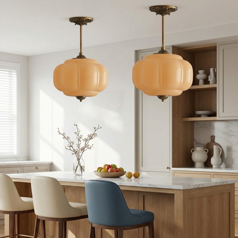 Vortan Antique Brass Green Glass Semi-Flush Mount Eloise Pendant Lamp