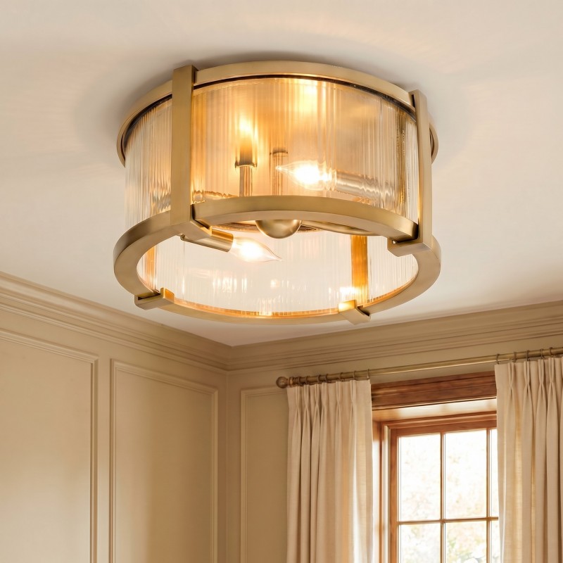 Gillen Vintage Ribbed Glass Drum Flush Mount Ceiling Light