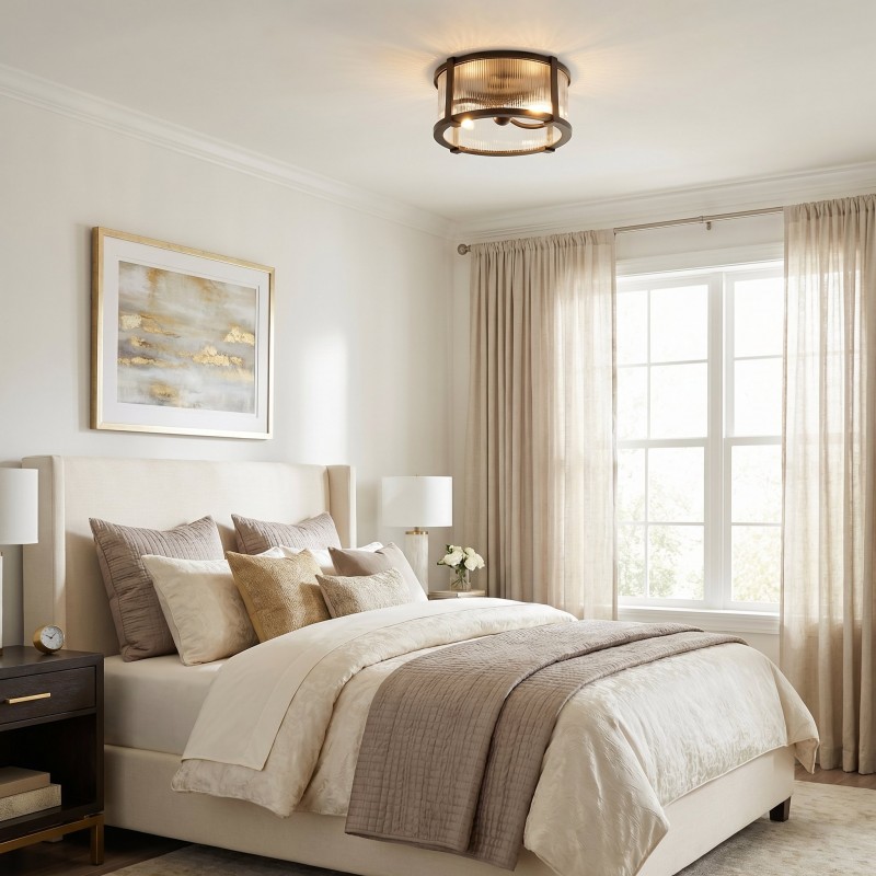 Gillen Vintage Ribbed Glass Drum Flush Mount Ceiling Light