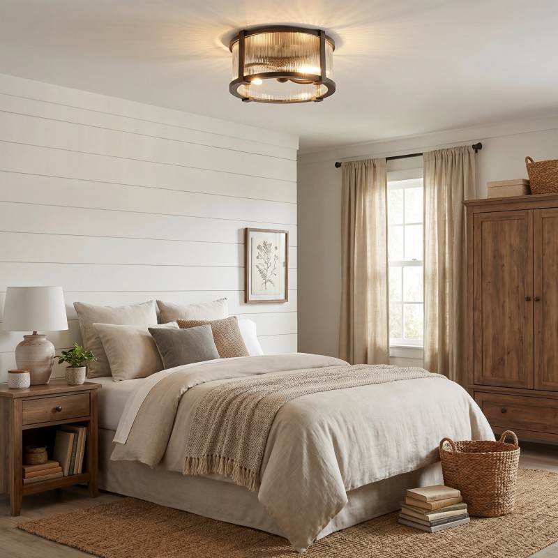 Gillen Vintage Ribbed Glass Drum Flush Mount Ceiling Light