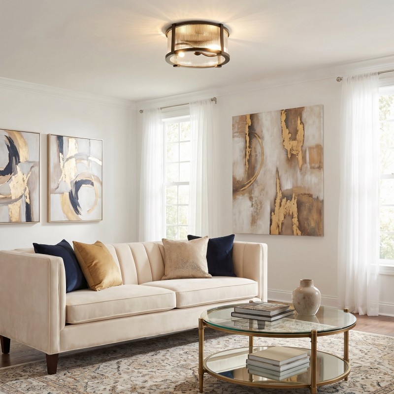 Gillen Vintage Ribbed Glass Drum Flush Mount Ceiling Light