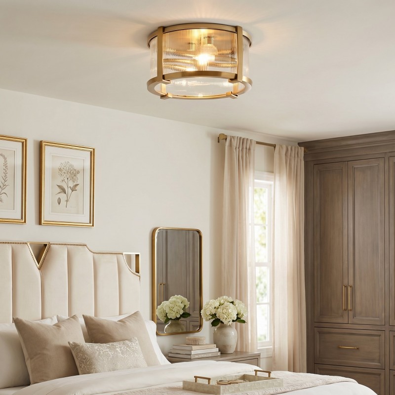 Gillen Vintage Ribbed Glass Drum Flush Mount Ceiling Light
