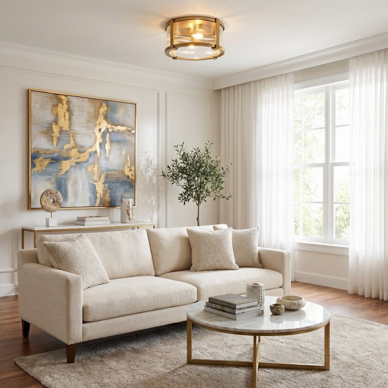 Gillen Vintage Ribbed Glass Drum Flush Mount Ceiling Light