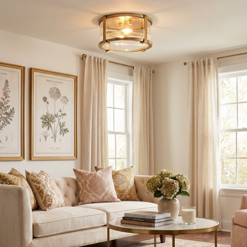 Gillen Vintage Ribbed Glass Drum Flush Mount Ceiling Light