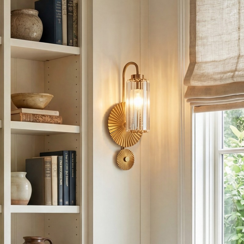 Solstice Brushed Brass Crystal Ribbed Glass Wall Sconce