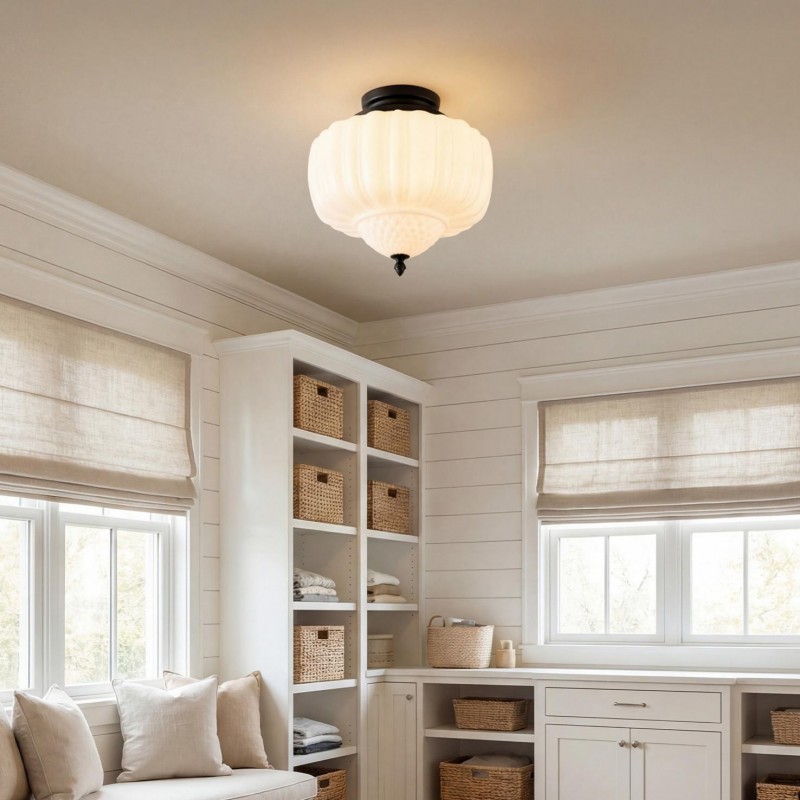 Elyndor White Milk Glass Pumpkin Flush Mount Schoolhouse Light