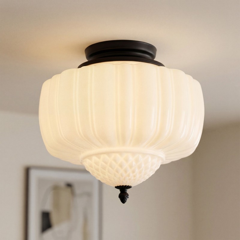 Elyndor White Milk Glass Pumpkin Flush Mount Schoolhouse Light