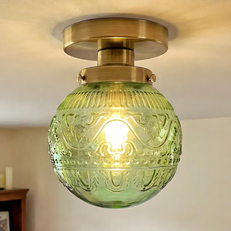 Ixionis Vintage Engraved Pattern Globe Glass Flush Mount Ceiling Light