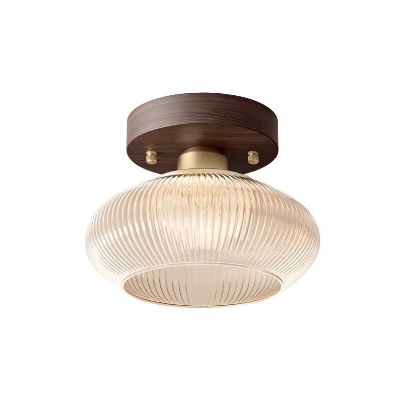 Caspian Retro Led Walnut Base Amber Fluted Glass Ceiling Light