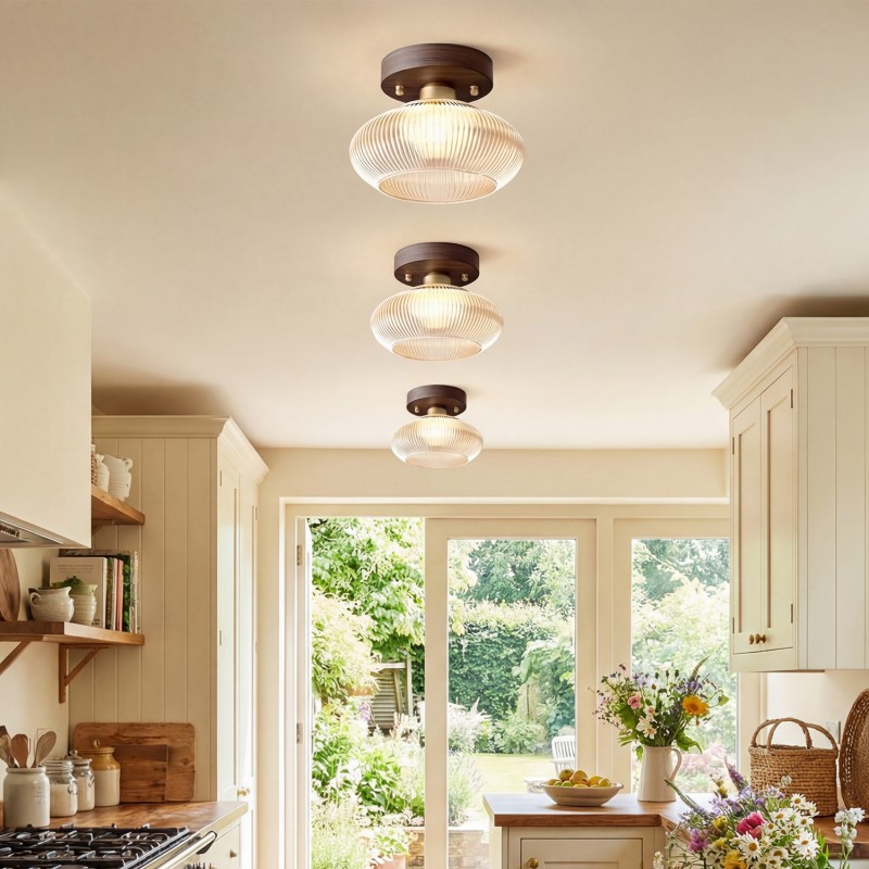 Caspian Retro Led Walnut Base Amber Fluted Glass Ceiling Light