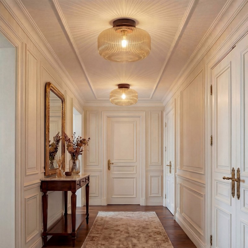 Octavius Farmhouse Retro Amber Fluted Glass Ceiling Light